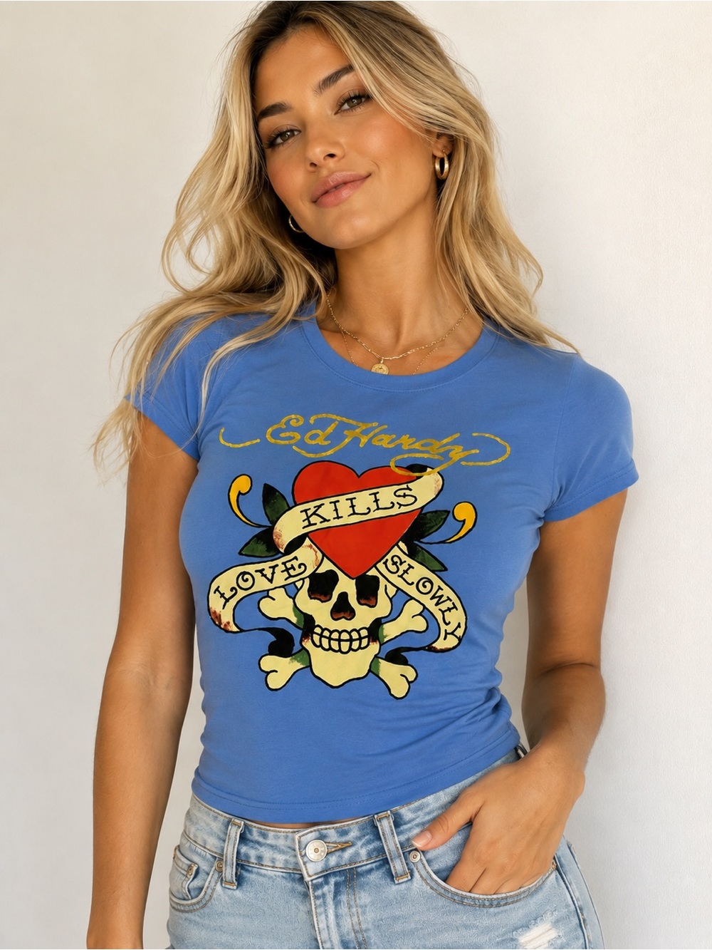 Ed Hardy Blue Short-Sleeve Tee with Heart & Skull Graphic